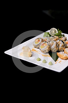Rainbow Sushi Roll.Sushi menu. Japanese food. Top view of assorted sushi