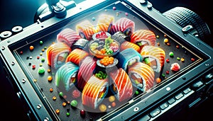 Rainbow sushi rolls in vivid colors on camera screen, captured in professional setup, AI-generated.