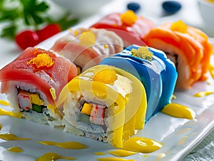 Rainbow sushi rolls on a white plate