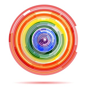 Rainbow techno circular background. Color translucent stripes of red, orange, yellow, green, blue and purple. Modern circular gay