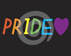 Rainbow text Pride isolated on black background as homosexual tolerance and LGBTQ concept, flat vector stock illustration with