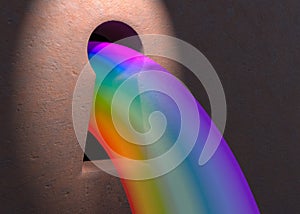 Rainbow thru keyhole in rusted door with light 3d illustration