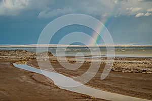 Rainbow after tropical storm above Dead Sea in Israel