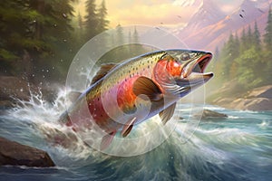 Rainbow trout fish jumping out of river water made.illustration. Ai generative