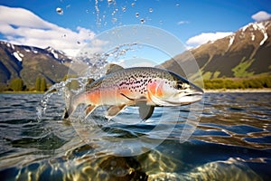 rainbow trout jumping out of a clear mountain lake