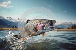 Rainbow trout jumping out of water in Alaskan river. Ai Generative