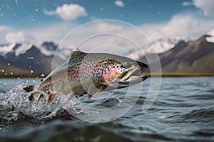 Rainbow trout jumping out of water in Alaskan river. Ai Generative