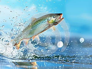 Rainbow trout jumping out of the water on a background of blue sky