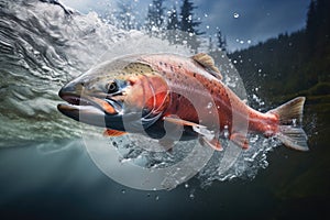 Rainbow trout jumping out of water. Mixed media. Mixed media, Action shot of a salmon jumping out of the water in a clear stream,