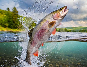 Rainbow trout jumping out of water with splash fish in spring