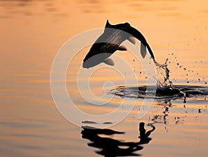 Rainbow trout jumping out of the water at sunset. Wildlife scene.