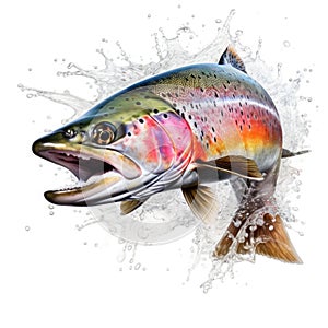 Rainbow trout jumping up and splashing on white background. Generative AI