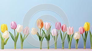 Rainbow tulips levitating, white studio lighting, fine details, octane rendering, pastel backdrop.
