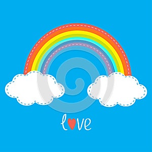 Rainbow and two clouds in the sky. Dash line. Love card. Flat design style.