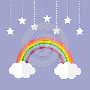 Rainbow and two white clouds. Colorful stars hanging on dash line rope.