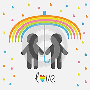 Rainbow umbrella, heart rain. Gay marriage Pride symbol Two man silhouette LGBT icon. Love. Flat design style.