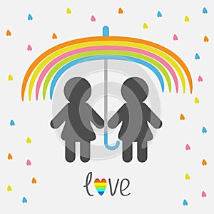 Rainbow umbrella, heart rain. Gay marriage Pride symbol Two woman silhouette LGBT icon. Love. Flat design style.