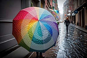 rainbow umbrella on the street in the rain storm