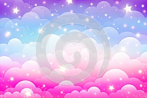 Rainbow unicorn background with clouds and stars. Pastel color sky. Magical landscape, abstract fabulous pattern. Cute
