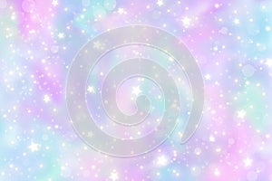 Rainbow unicorn background. Pastel gradient color sky with glitter stars. Magic pink galaxy space. Vector fairy abstract