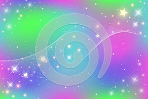 Rainbow unicorn fantasy background. Holographic mesh bright multicolored sky with stars and sparkles. Vector holographic