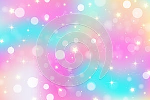 Rainbow unicorn fantasy background with stars and bokeh. Holographic illustration in pastel colors. Bright multicolored