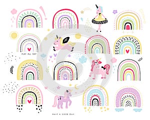 Rainbow with unicorn kid`s cliparts vector set