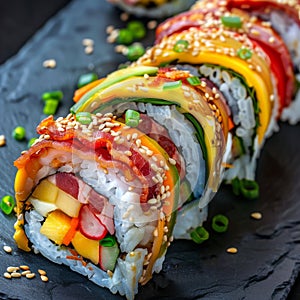 Rainbow Uramaki Sushi Rolls, Fusion Maki Sushi with Rice, Bacon, Processed Cheese, Tomato