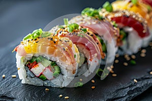 Rainbow Uramaki Sushi Rolls, Fusion Maki Sushi with Rice, Bacon, Processed Cheese, Tomato