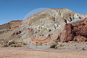 Rainbow Valley Valle Arcoiris, in the Atacama Desert in Chile. The mineral rich rocks of the Domeyko mountains give the valley t