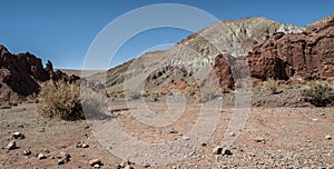 Rainbow Valley Valle Arcoiris, in the Atacama Desert in Chile. The mineral rich rocks of the Domeyko mountains give the valley t