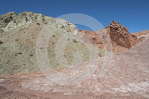 Rainbow Valley Valle Arcoiris, in the Atacama Desert in Chile. The mineral rich rocks of the Domeyko mountains give the valley t