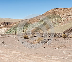 Rainbow Valley Valle Arcoiris, in the Atacama Desert in Chile. The mineral rich rocks of the Domeyko mountains give the valley t