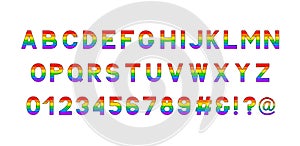 Rainbow vector alphabet. LGBT community typeface. Gay pride sans serif font. Latin uppercase symbols. Colorful letters of English