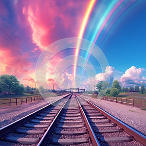 A rainbow visible across the beautiful sky above train\'s track generative AI