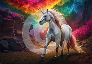 Rainbow Wanderlust: White Unicorn in Vibrant Dreamscape