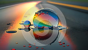 Rainbow water drop on asphalt road. 3d render illustration.