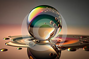 Rainbow water drop on a reflective surface. 3D illustration.