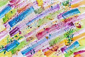 Rainbow watercolor brush strokes, lines on paper background, bright texture