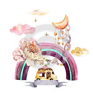 Rainbow watercolor, chocolate castle, sweet dream. festive frame for text with moon and ribbon and flowers. Birthday and