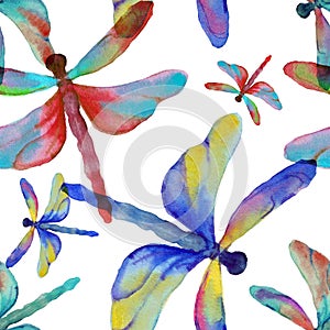 Rainbow watercolor dragonflys seamless pattern