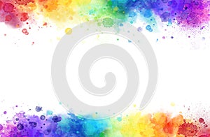 Rainbow watercolor frame  background on white. Pure vibrant watercolor colors. Creative paint gradients, splashes and stains.