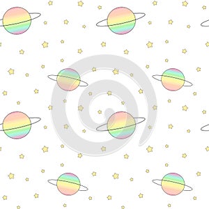 Rainbow watercolor planets in the sky with stars seamless pattern illustration