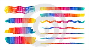 Rainbow watercolor vector brush strokes, long stripes, lines set