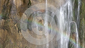 Rainbow on a Waterfall Close-Up. Slow Motion