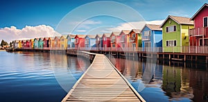 Rainbow Waterfront Houses with Wooden Pier