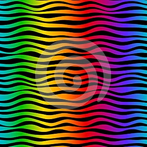 Rainbow waves seamless pattern backgrownd. Bright colors and black. Hand-drawn abstract curves.