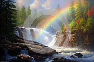 Rainbow In Which Each Color Blends Seamlessly Into The Next, As Though The Waterfall Is Canvas For Vibrant Painting. Generative AI