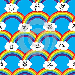 Rainbow, white clouds of emoticons. A seamless pattern for your ideas.