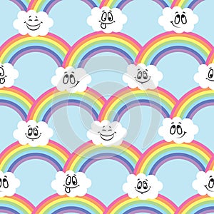 Rainbow, white clouds of emoticons. A seamless pattern for your ideas.